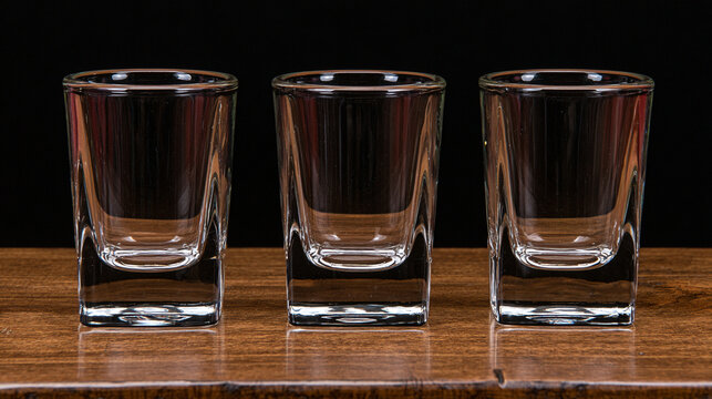 Three empty clear glass shot glasses aligned on a wooden table against a dark background