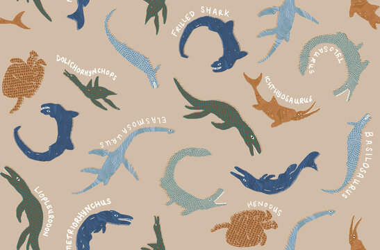 Seamless pattern with prehistoric marine reptiles and ancient sea creatures on a beige background