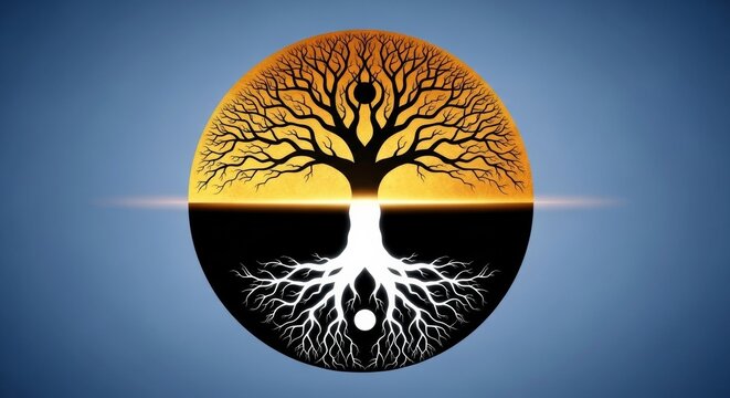 Artistic tree of life within a yin yang circle featuring golden watercolor textures and a smooth blue gradient backdrop