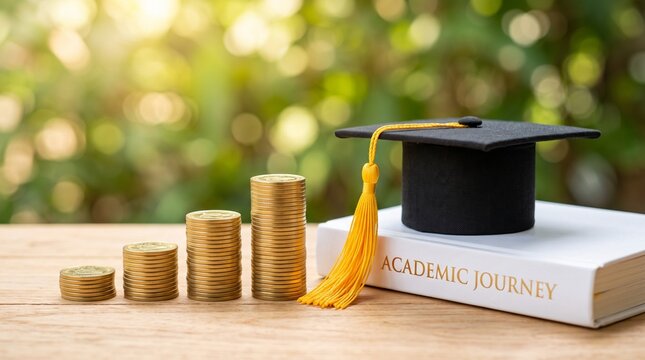 Miniature black graduation cap on hardcover book with stacked coins growing steps, education investment, scholarship, and tuition fee savings concept.