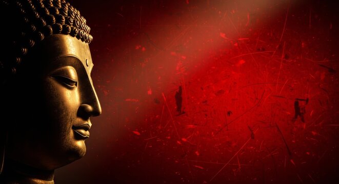 Cinematic weathered Buddha head with closed eyes on a textured crimson background with smoke and golden light