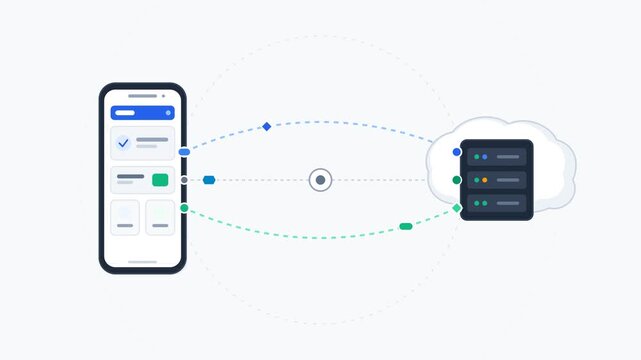 Animated flat motion illustration showing smartphone data syncing with cloud computing server