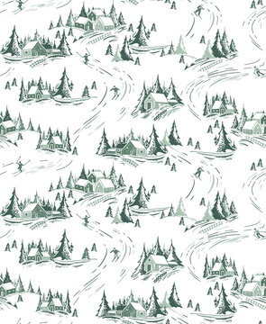 Seamless pattern with winter landscape, skiing people, pine trees and cabins, isolated on white background