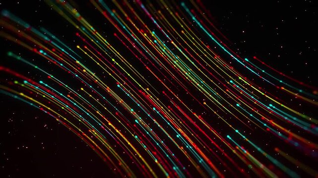 Red, yellow, and blue glowing particle trails sweep diagonally through deep starry space, with a 1&ndash;10 second reveal followed by seamless looping motion for futuristic digital backgrounds.