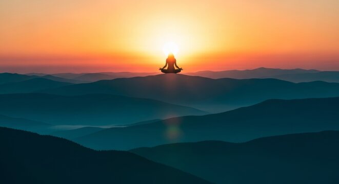 Spiritual landscape featuring a dark silhouette of a woman in a lotus pose against a bright sun over teal mountain ranges with morning fog