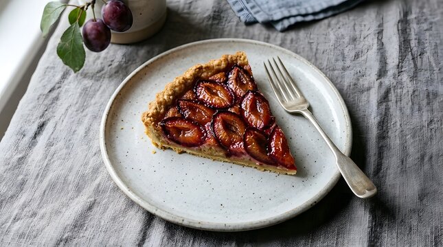 A single slice of delicious homemade plum tart served on a rustic plate with a silver fork