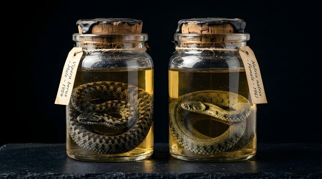 Two vintage glass jars containing preserved biological specimens in liquid against a dark moody background