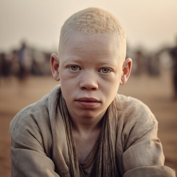Portrait of a child with albinism. African boy child with albinism looks at camera, neutral background and soft light.