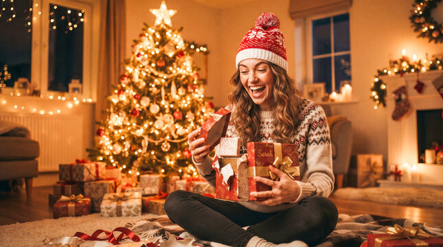 Mujer alegre abriendo un regalo de Navidad junto al &aacute;rbol iluminado y la chimenea encendida en un ambiente c&aacute;lido y festivo.