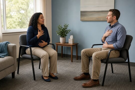 Trauma-Informed Classroom Training Environmental Story In A School Counseling Office A Black Southern European Woman Counselor Coaches A Teacher Through A Co-regulation Role-play