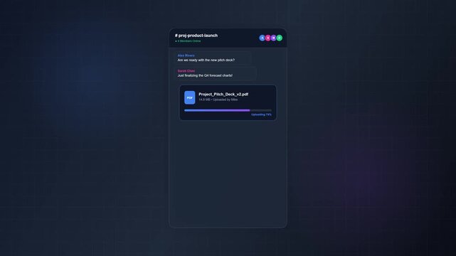 User interface design showing a file upload progress bar on a dark background concept