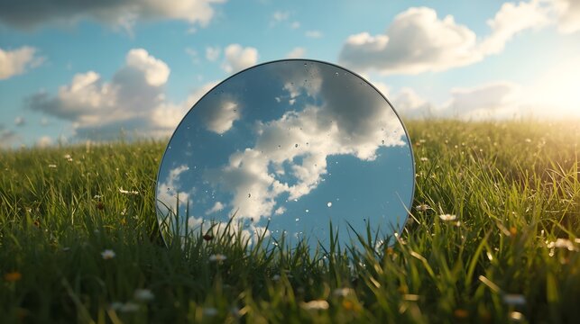 Blue geodesic dome structure in a grassy outdoor setting under partly cloudy sky