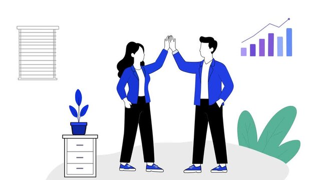 Business Team Celebrating Success with High Five and Growth Chart, Professional Workplace Collaboration and Achievement Concept, Clean 2D Vector Animation