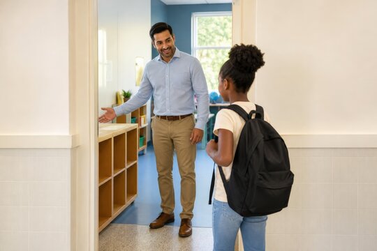 Trauma-Informed Classroom Training Bright Doorway Where A South Asian Western European Man Teacher Welcomes A Student With The Same Calm Arrival Routine Eye-level Greeting Open Posture