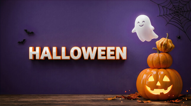 A festive halloween background featuring carved pumpkins a ghost and purple wall