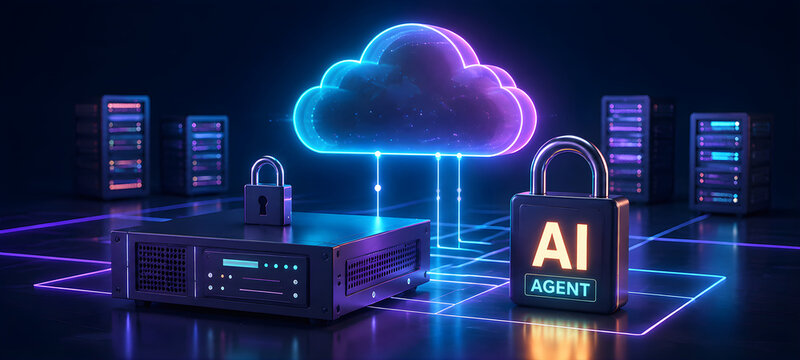 Cloud Computing Security Concept with Servers Glowing Cloud and AI Agent Padlock