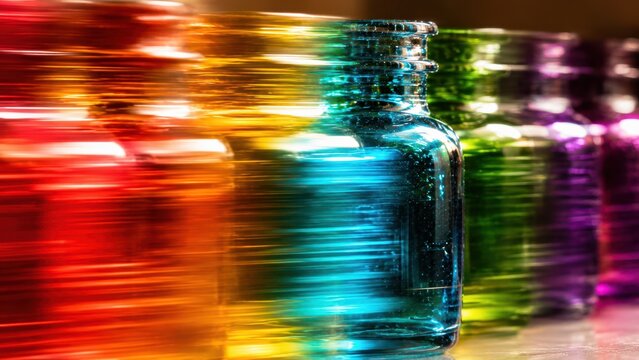Colorful glass bottles arranged in a row with vivid motion blur, glowing reflections and dynamic abstract composition