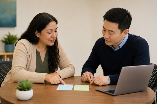 Trauma-Informed Classroom Training Welcoming School Meeting Room Where A Chinese Family Liaison And An Teacher Plan Consistent Supports Using Two Blank Colored Cards Laid Between Them
