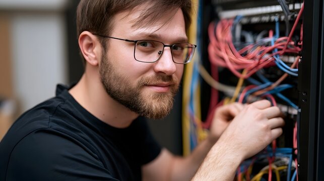A man with glasses and a beard is working on a network cable rack with colorful wires  focused on his task