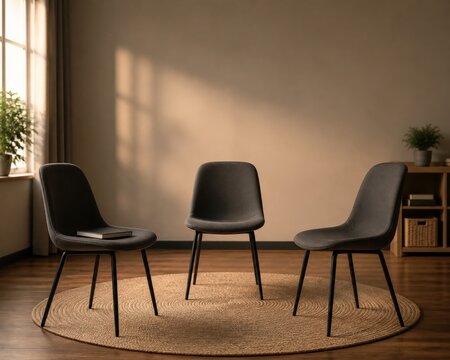 Trauma-Informed Classroom Training Object-detail Still Life Suggesting An Educator Peer Debrief Just Completed Three Evenly Spaced Plain Chairs Around A Small Circular Rug