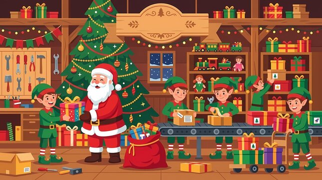 Santa Claus and elves working in workshop preparing Christmas gifts.