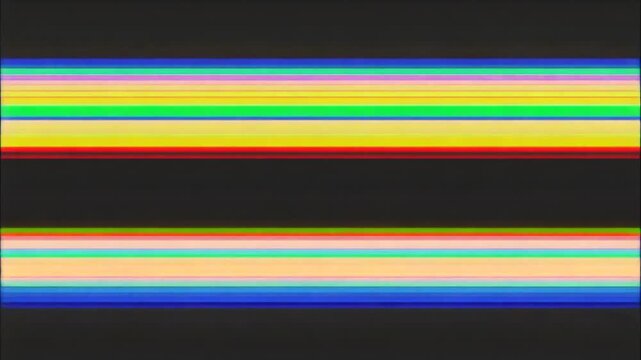 A vintage television test pattern displayed on an analog screen showing horizontal color bars in white, yellow, cyan,.