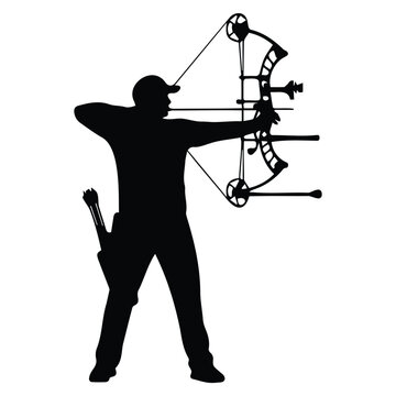 Bow hunter silhouette vector illustration of archery sportsman for outdoor hunting gear.