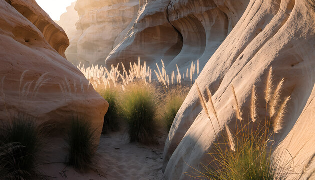 Tall golden grasses growing between smooth, enormous sandstone walls, with soft sunset light filtering through.