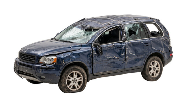 Wrecked blue SUV after car accident, damaged vehicle with smashed windows and dented body, totaled crossover for insurance claim isolated PNG with Transparent Background