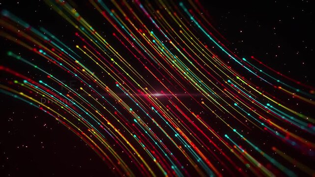 Red, yellow, and blue dotted light trails animate across a futuristic space background before revealing TECHNOLOGY IN MOTION and Driving Innovation Through Digital Connectivity text.
