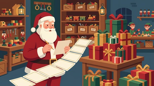 Santa Claus Checking Long Gift List in Workshop.