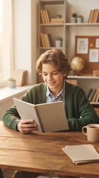 Smiling young boy reading a book at wooden desk in cozy room with shelves and warm sunlight.