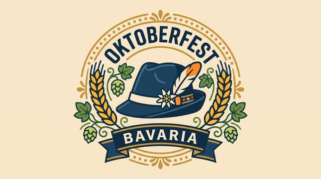 Oktoberfest bavaria emblem with traditional hat, wheat, and hops