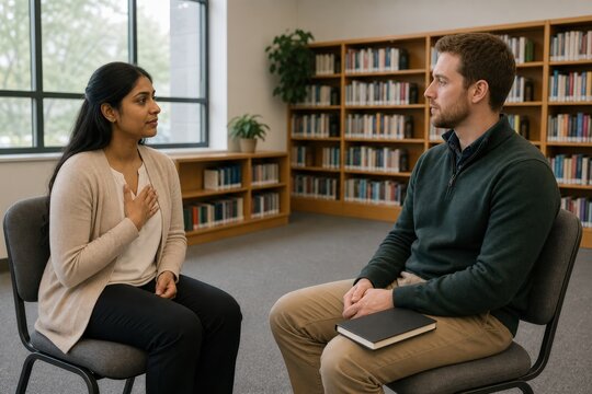 Trauma-Informed Classroom Training Small-group Including Multiple Adults Scene With A School Counselor And A Teacher Seated At An Angle In A Quiet Library