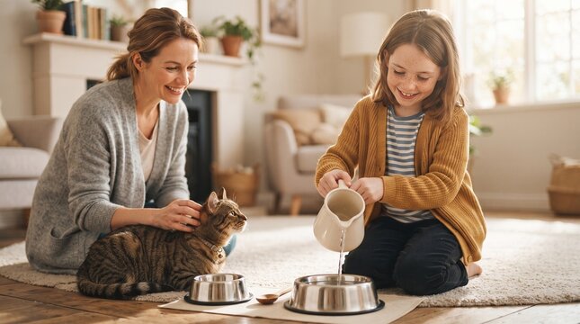 Smiling mother and daughter pouring water into cat bowls on rug in cozy living room.
