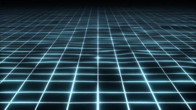 A glowing blue grid lines pattern recedes into a dark background on a digital display, resembling a virtual floor or.