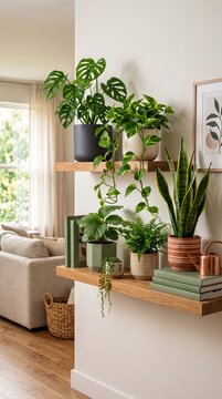 Chic indoor plant display on sleek floating shelves within a contemporary living room environment