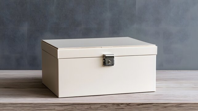 A cream colored storage box with a metal latch sits on a wooden surface against a gray wall