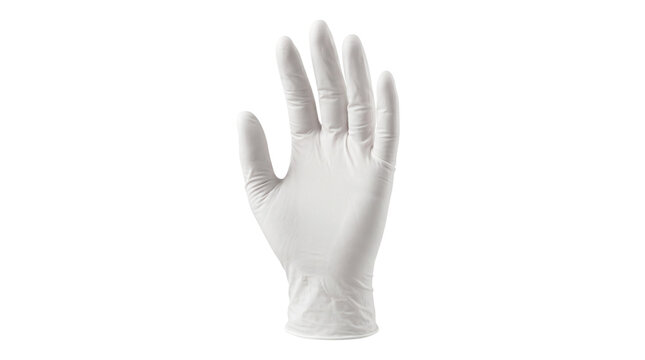 White nitrile medical glove on hand, protective latex surgical equipment, sterile disposable safety gear for healthcare and laboratory use isolated PNG with Transparent Background