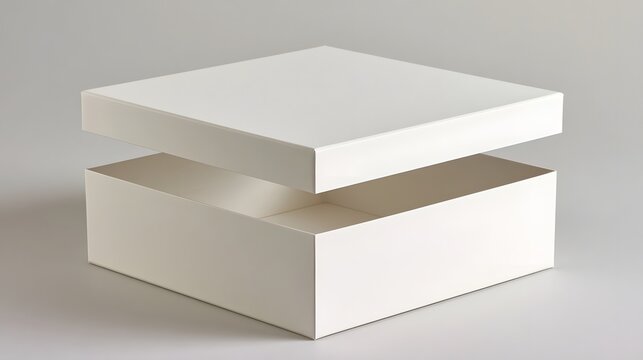 A minimalist white rectangular box with a hinged lid slightly ajar  set against a neutral gray background