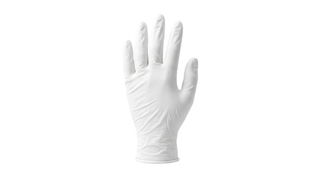 White nitrile medical glove for healthcare protection, sterile latex examination glove, disposable surgical hand safety equipment isolated PNG with Transparent Background