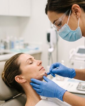 Dermatologist injecting dermal filler or botox into female patient's jawline for facial contouring in cosmetic clinic.