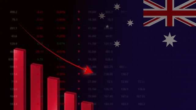 Economic crisis in Australia concept background.Red falling graph animation with Australian flag.Stock market crash