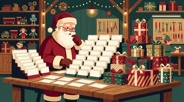 Santa Claus reading children Christmas letters in his workshop.