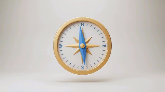 Gold compass with spinning blue needle on soft cream background