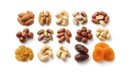 Fototapeta premium Organized grid of different nuts and dried fruit categories.