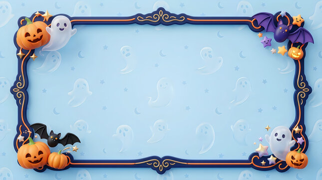 Decorative halloween photo frame with cute pumpkins and ghosts on blue background