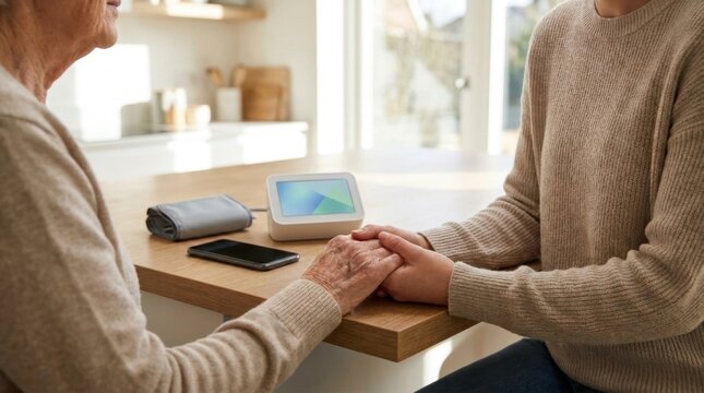 Two pairs of hands hold each other supporting elderly patient with smart medical devices
