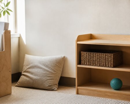 Trauma-Informed Classroom Training An Elementary Reset Nook Before School One Soft Neutral Cushion Beside A Low Wooden Shelf Holding A Woven Basket And A Single Smooth Sensory Ball