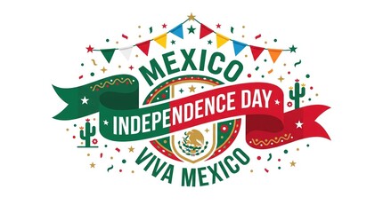 Fototapeta premium Mexico independence day celebration emblem with festive ribbon, bunting flags, and traditional symbols isolated on white background